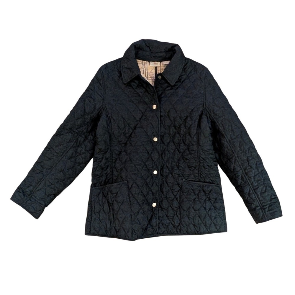L.L. Bean Women's Navy Quilted Barn Jacket Plaid Lined Snap Front Coat- L - Picture 2 of 8